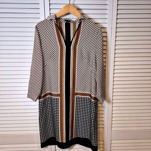 Ann Taylor Dress M Diamond Print Cross Border Shift 3/4 Sleeve Black Tan Cream